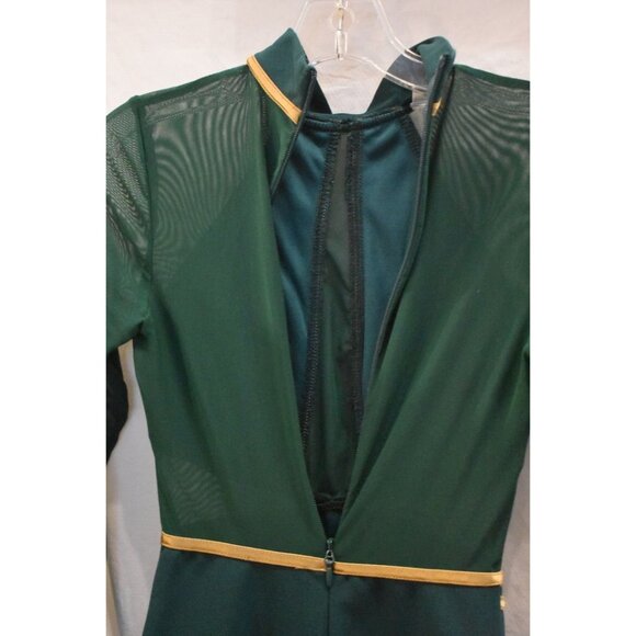 Women's Dark Green Bodycon Dress High Neck Gladiator Gold Trim Sheer Sleeve Sz X - Picture 3 of 5